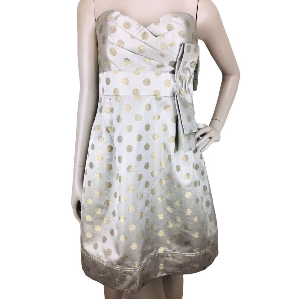 Vintage Y2K Eliza J Polka Dot Metallic Gold Strapless Bow Party Dress Size 4 NEW